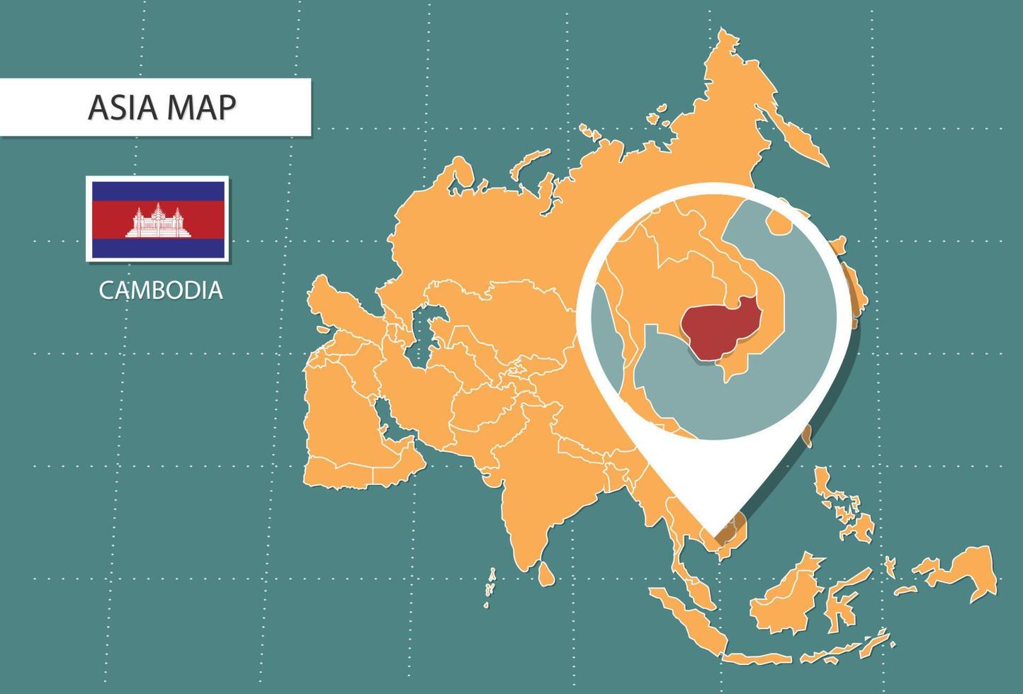 carte du cambodge en version zoom asie, icônes indiquant l'emplacement du cambodge et les drapeaux. vecteur