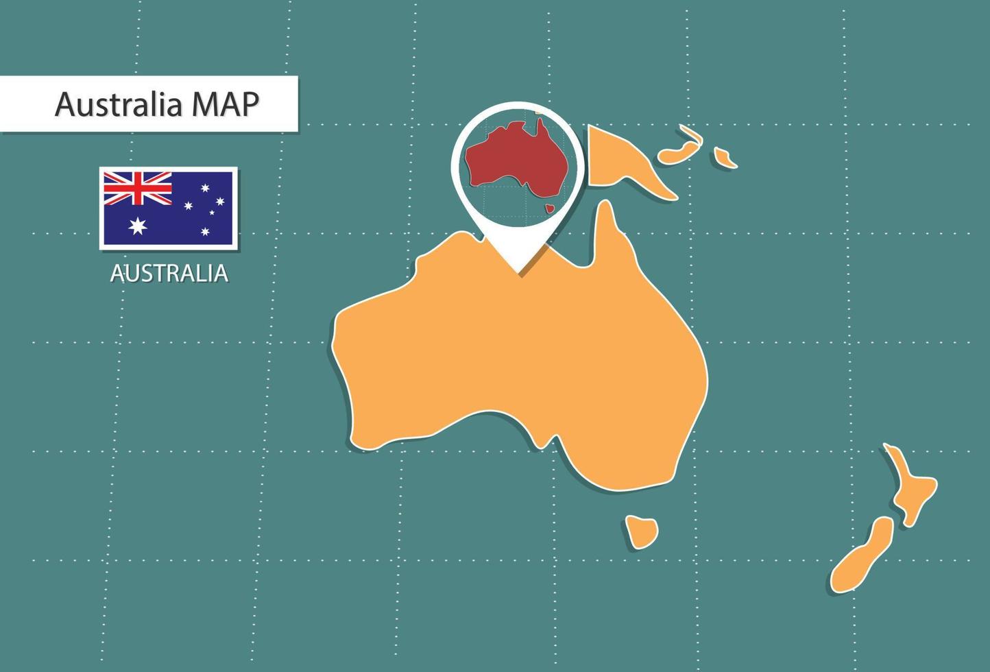 carte de l'australie en version zoom, icônes indiquant l'emplacement et les drapeaux de l'australie. vecteur