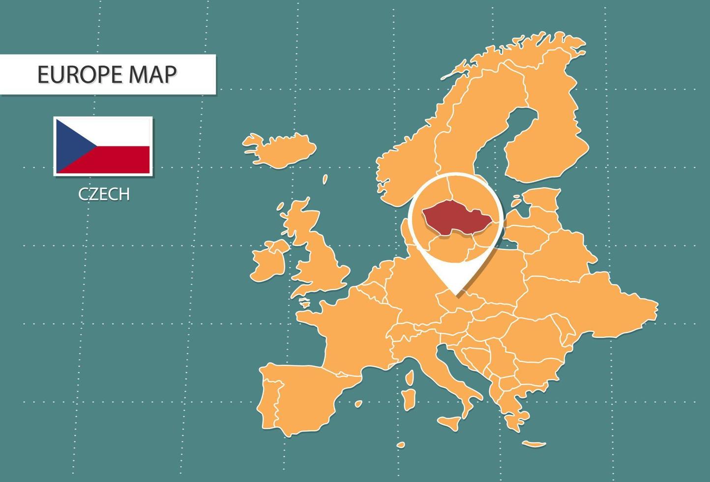 carte tchèque en version zoom europe, icônes indiquant l'emplacement et les drapeaux tchèques. vecteur