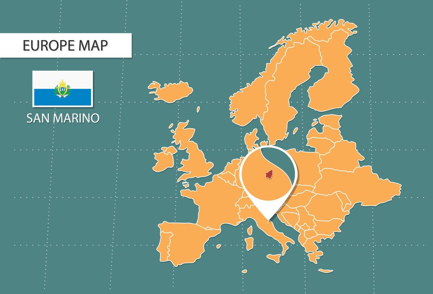 carte de saint-marin en version zoom europe, icônes indiquant l'emplacement et les drapeaux de saint-marin. vecteur