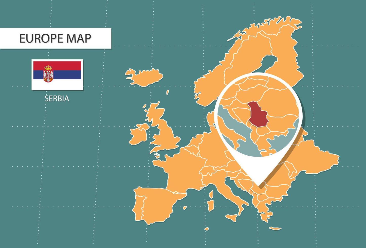 carte de la serbie en version zoom europe, icônes indiquant l'emplacement de la serbie et les drapeaux. vecteur