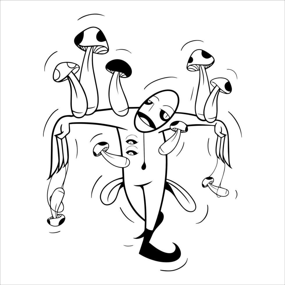 cool et artistique doodle champignon monstre dessiné à la main. noir et blanc. parfait pour vos éléments de conception de griffonnage, peintures murales, livres de coloriage et autres. vecteur
