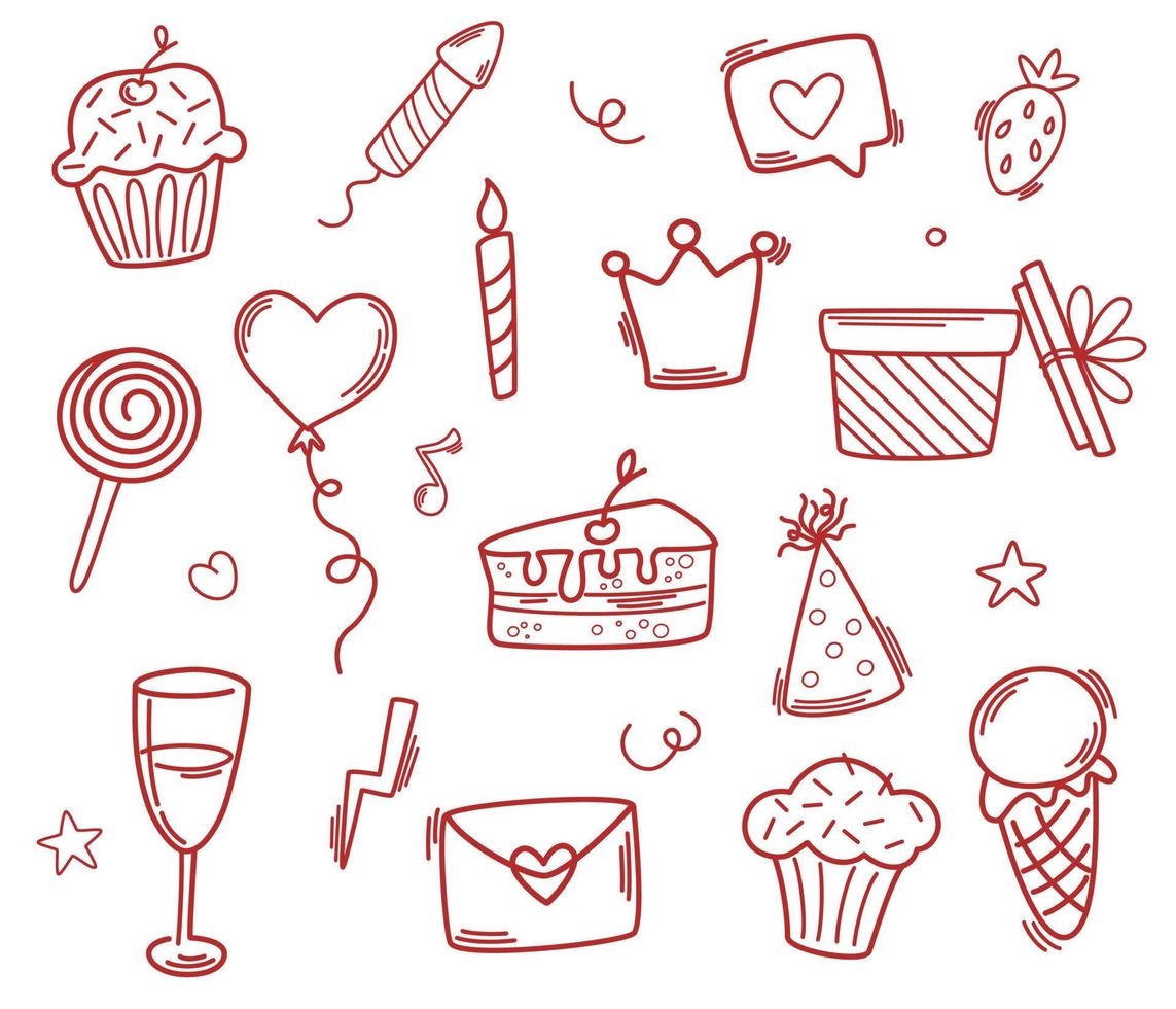 jeu de doodle joyeux anniversaire. décoration de fête, coffret cadeau, gâteau, chapeaux de fête. parfait pour l'impression, les cartes de vœux, les cadeaux et le scrapbooking. illustration de vecteur dessiné à la main isolé sur fond blanc.