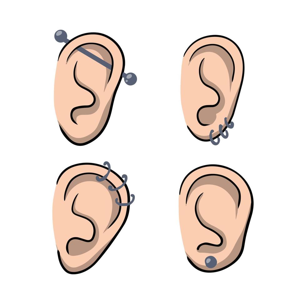 piercing aux oreilles. ensemble de différents types de boucles d'oreilles et de bijoux pour femmes. illustration de dessin animé vecteur