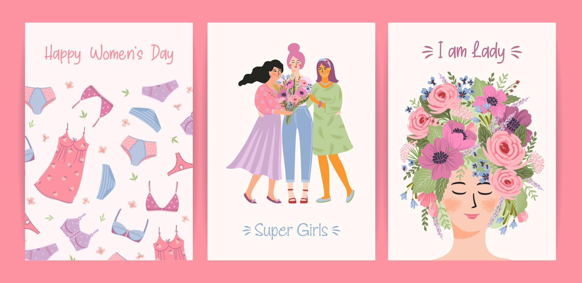 cartes avec de jolies illustrations féminines. ensemble d'images vectorielles pour la bonne journée des femmes, le 8 mars et d'autres utilisations. vecteur