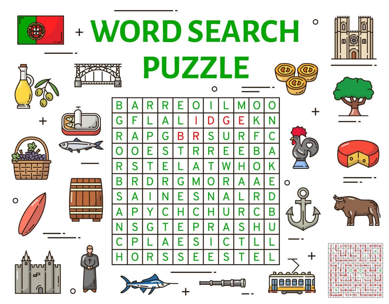feuille de travail de jeu de puzzle de recherche de mots de symboles du portugal vecteur