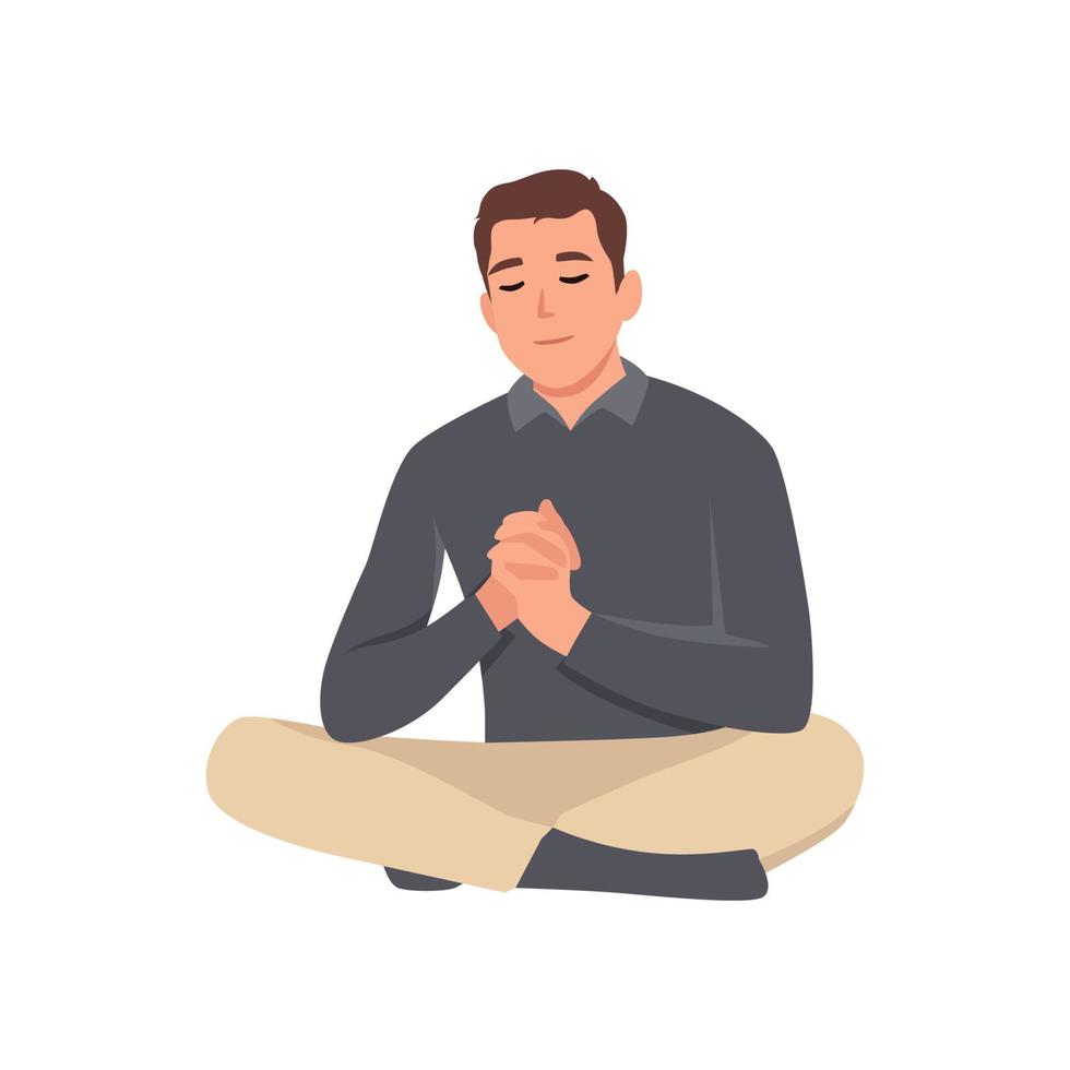 un jeune homme heureux prie Dieu en s'asseyant sur le sol. paume de la main. Christian. illustration de vecteur plat isolé sur fond blanc