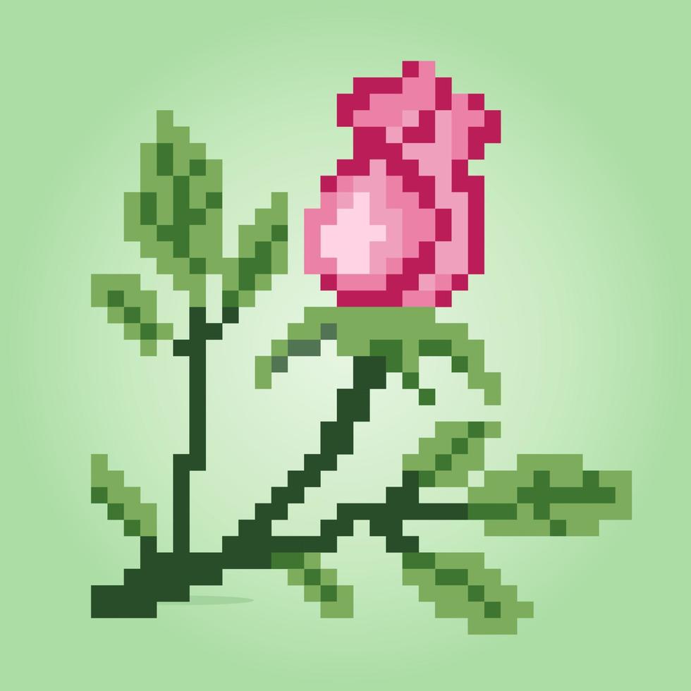 Pixels de 8 bits de bouton de rose. fleurs pour les jeux d'actifs et les motifs de point de croix dans les illustrations vectorielles. vecteur