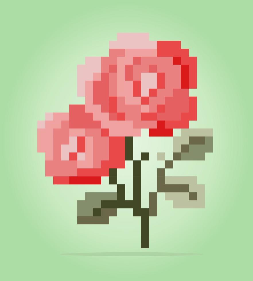 Pixels de 8 bits de rose. fleurs pour les jeux d'actifs et les motifs de point de croix dans les illustrations vectorielles. vecteur