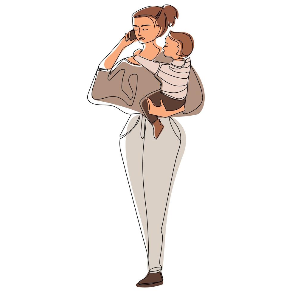 femme d'affaires maman parlant au téléphone avec un bébé dans ses bras dessin au trait vecteur isolé illustration.illustration minimaliste mère avec son petit fils.concept de maternité