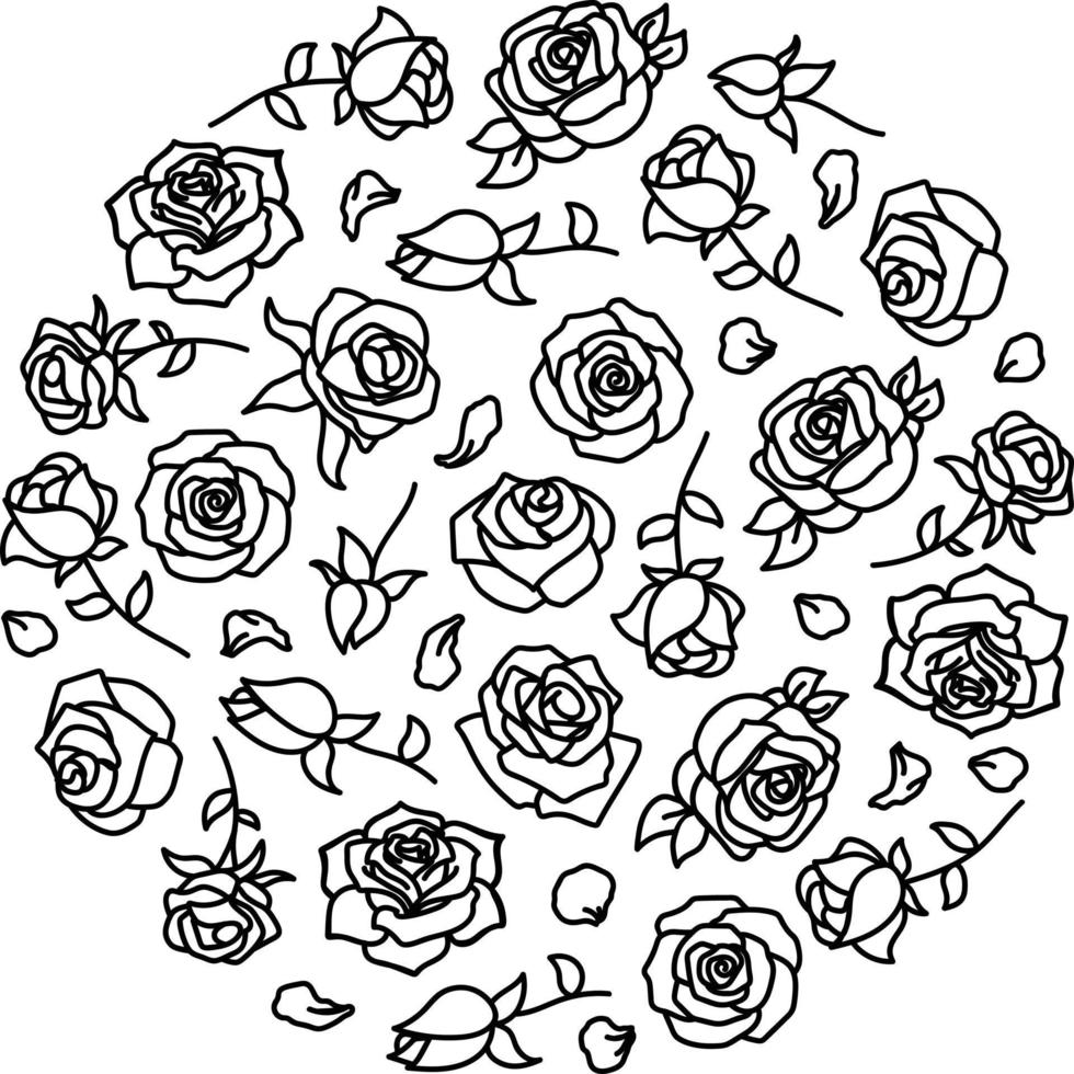 motif de roses contour noir et blanc en forme de cercle vecteur