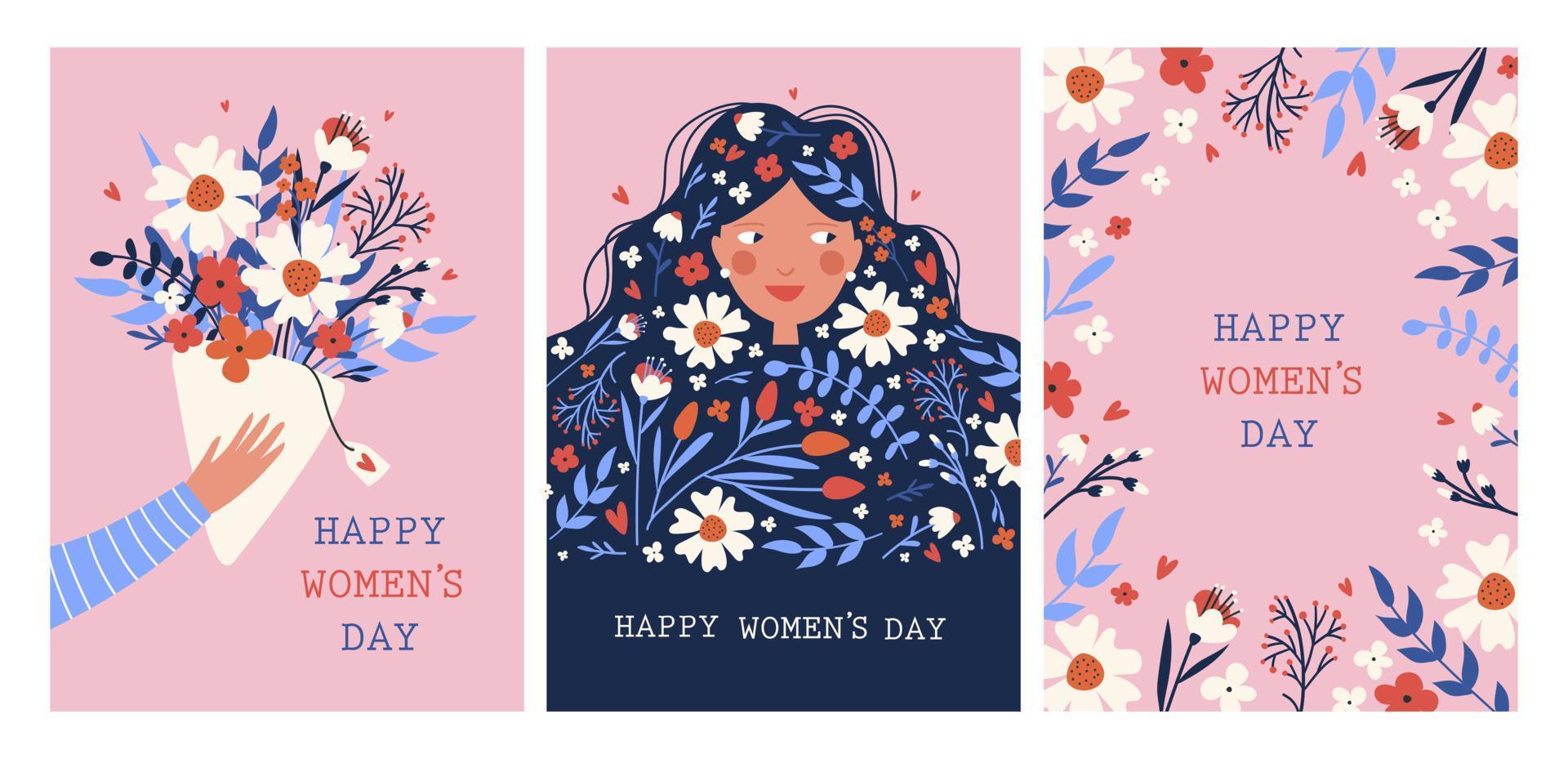 carte de fête de la femme heureuse sertie de fleurs. illustrations vectorielles vecteur