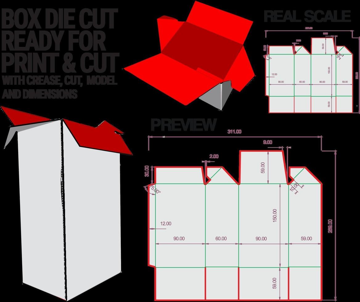boîte modèle de cube découpé avec aperçu 3D organisé avec coupe, pli, modèle et dimensions prêts à découper et imprimer, pleine échelle et entièrement fonctionnel. préparé pour du vrai carton vecteur