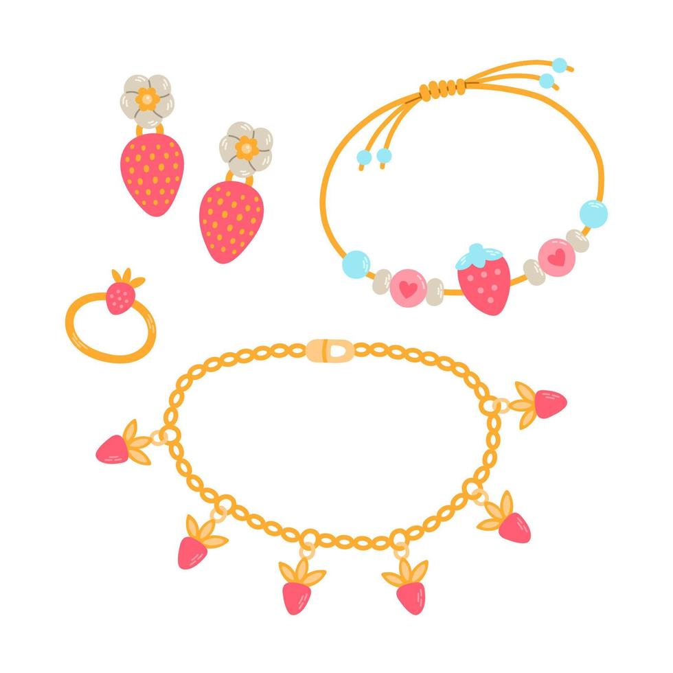 bijoux pour enfants. dessin animé de bijoux aux fraises pour enfants isolés sur blanc. mode, concept de bijoux vecteur