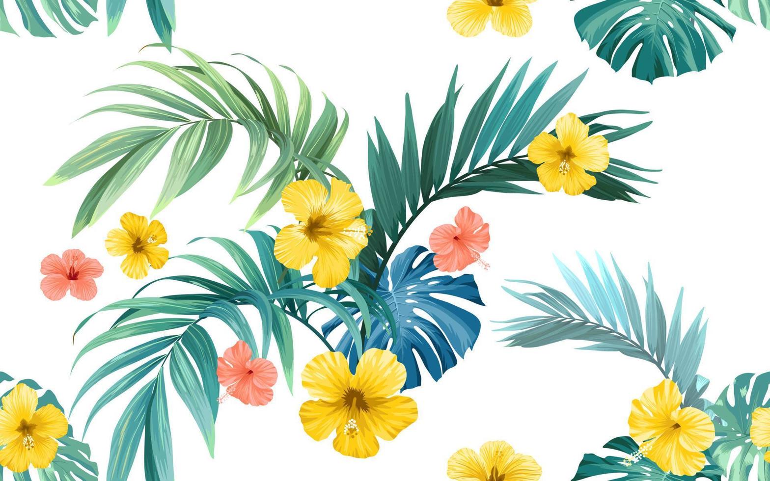 motif tropical avec des feuilles de monstère et des fleurs d'hibiscus. illustration de l'été. vecteur