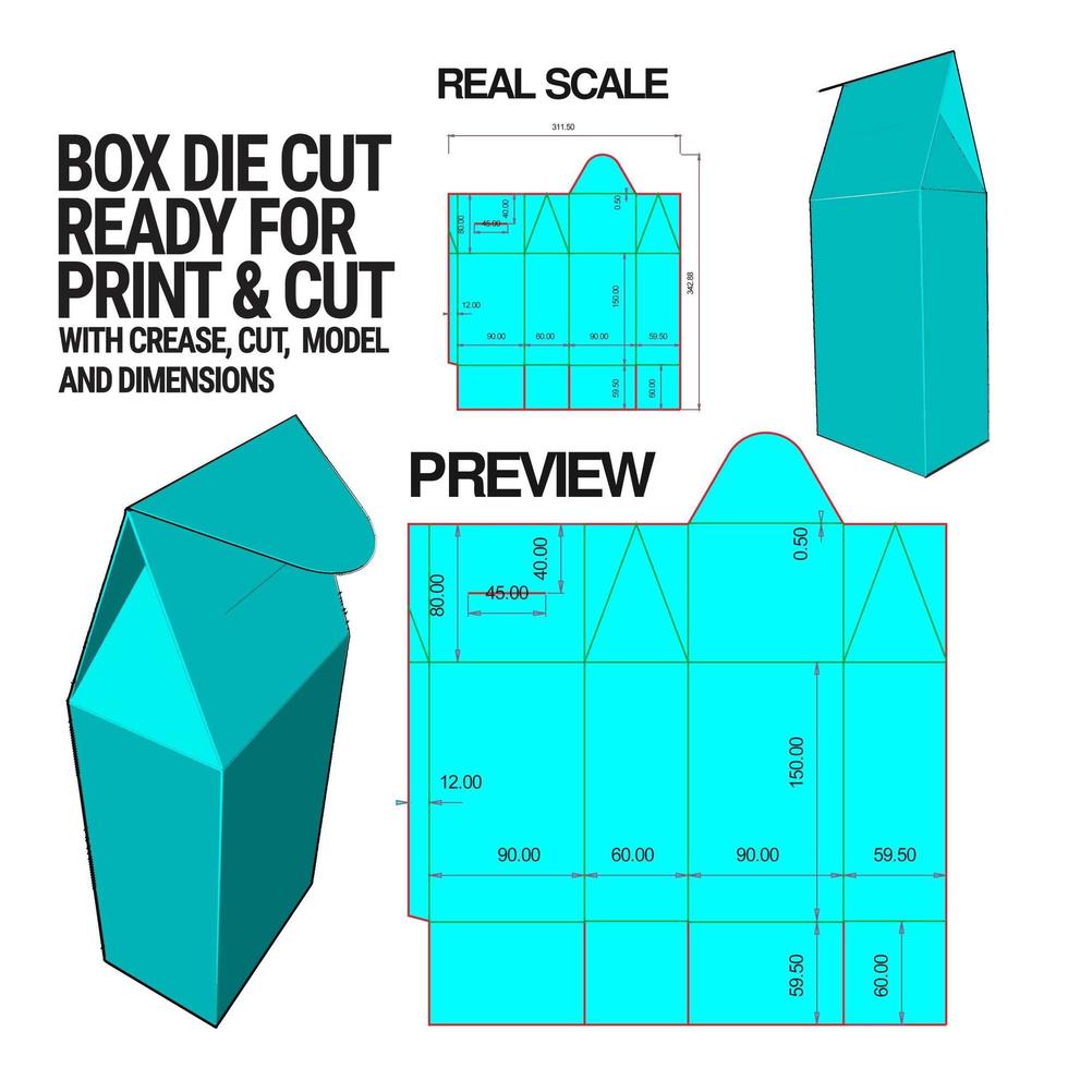 boîte modèle de cube découpé avec aperçu 3D organisé avec coupe, pli, modèle et dimensions prêts à découper et imprimer, pleine échelle et entièrement fonctionnel. préparé pour du vrai carton vecteur