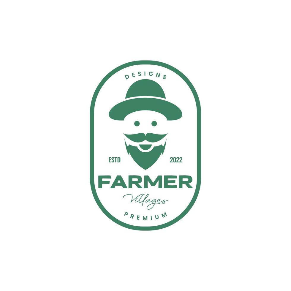 fermier vieil homme barbu et moustache chapeau sourire dessin animé mignon badge vintage logo design vecteur icône illustration modèle