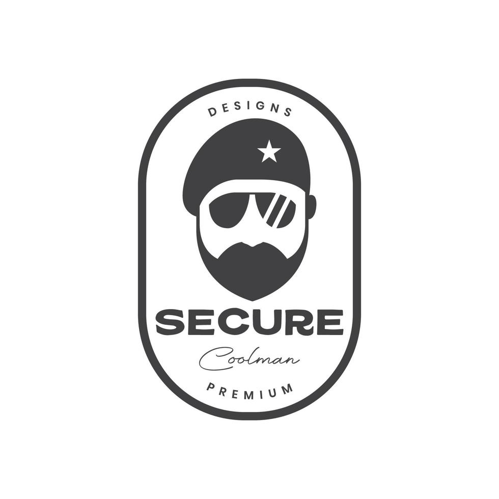 visage vieux mec barbu lunettes de soleil sécurité chapeau police garde autocollant badge vintage logo design vecteur icône illustration modèle