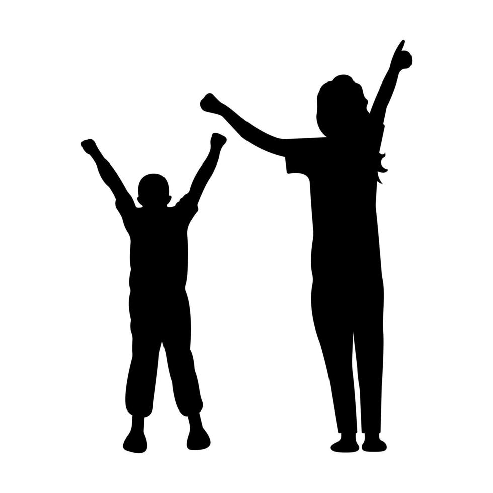 silhouette d'une femme avec son fils levant joyeusement les mains. une famille heureuse vecteur