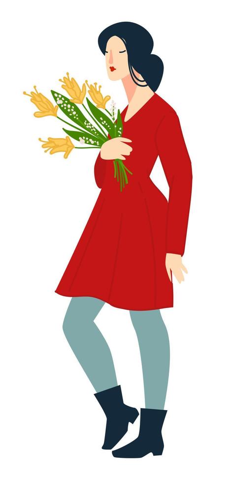 femme élégante avec des fleurs présentes dans le vecteur des mains