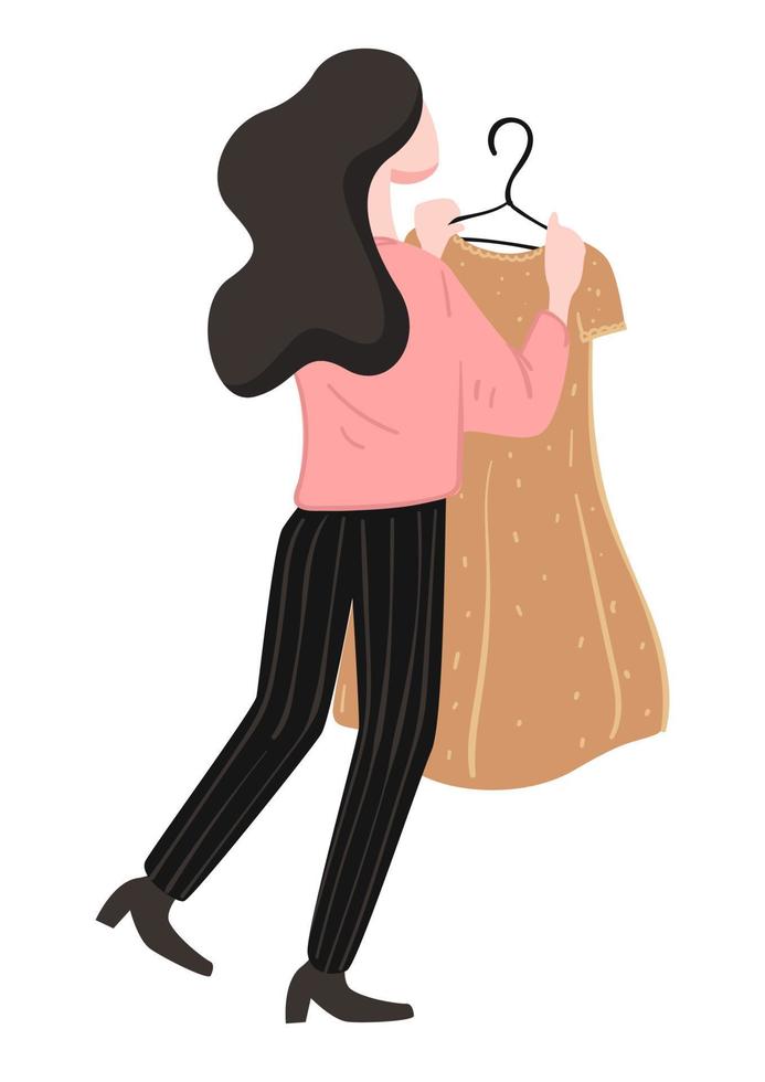 shopping personnage féminin tenant une robe sur un cintre vecteur