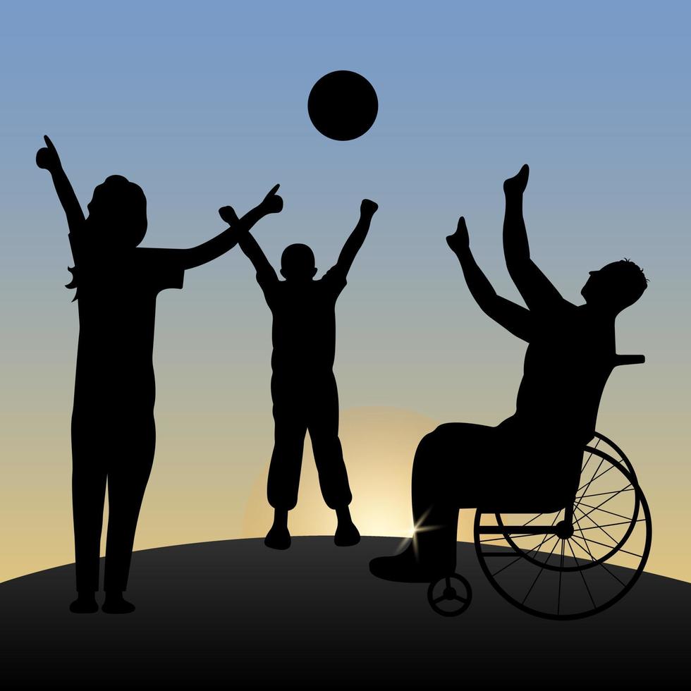 un homme handicapé en fauteuil roulant joue au ballon avec un enfant et une femme à l'aube. notion de famille heureuse vecteur