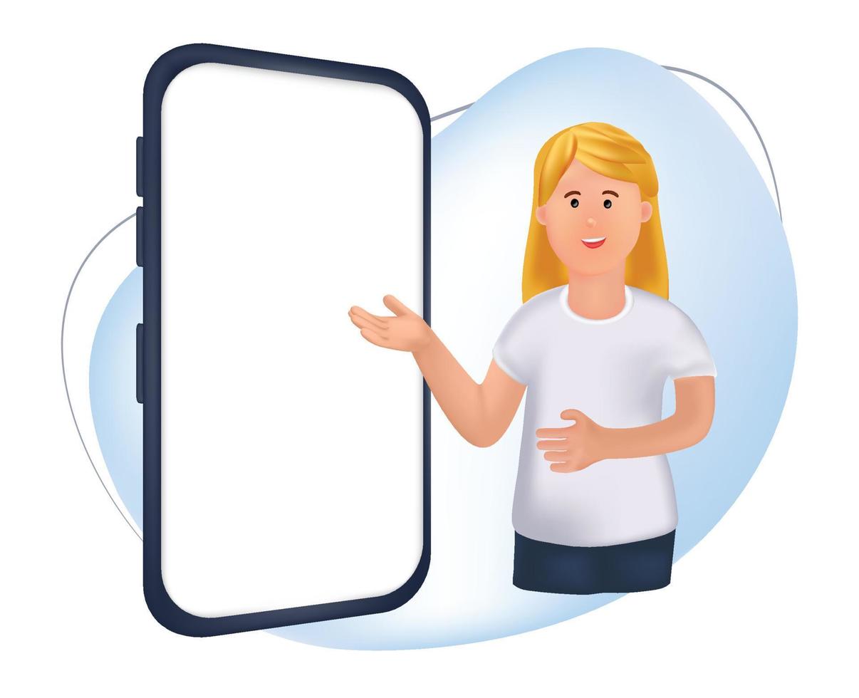 Portrait d'illustration 3d jeune fille souriante avec un gros téléphone. illustration de dessin animé debout jeune fille avec le doigt à l'écran blanc isolé sur fond blanc vecteur