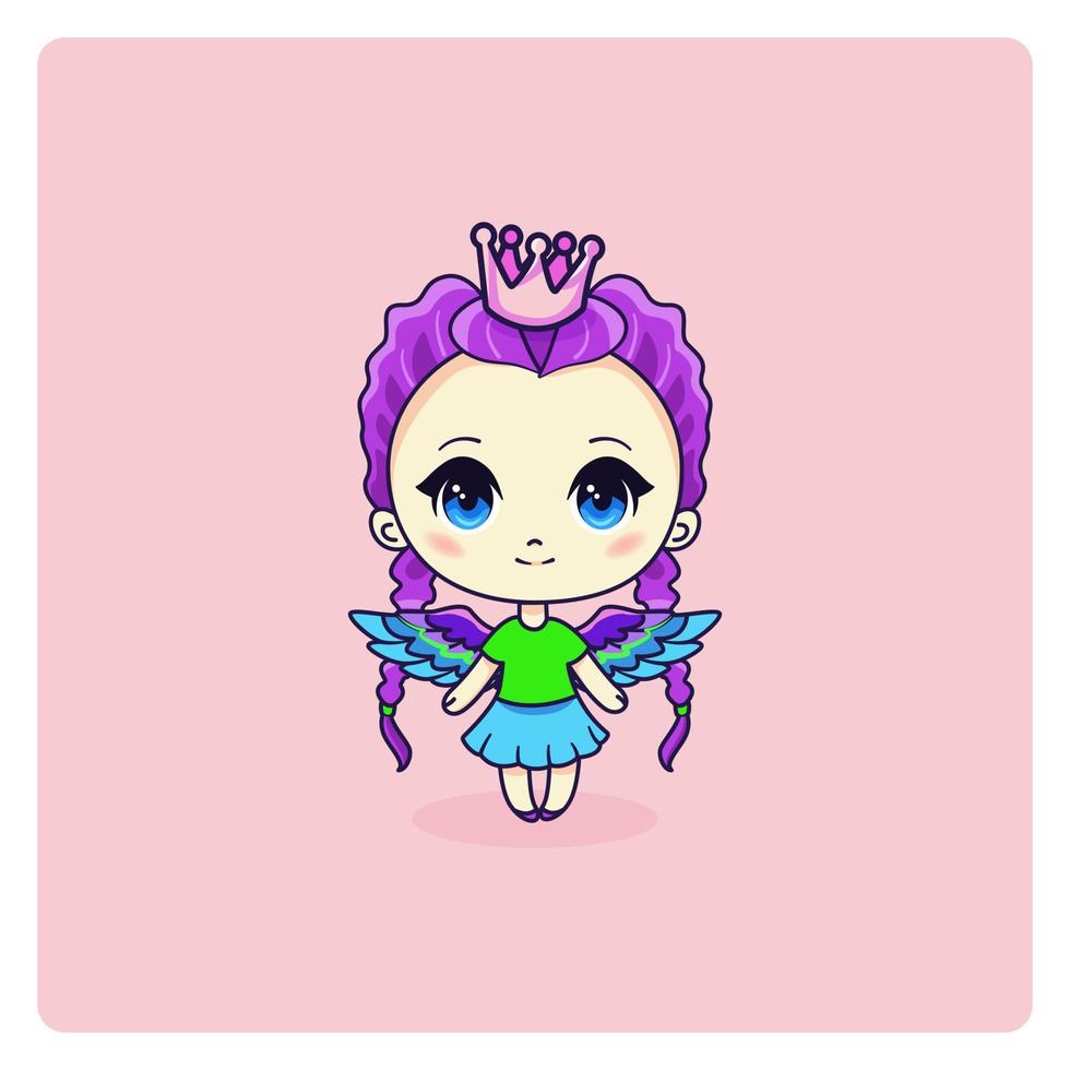 fille princesse mignonne et kawaii. heureusement manga fée fille avec couronne et ailes. illustration vectorielle. tous les objets sont isolés. art pour impressions, couvertures, affiches et toute utilisation. vecteur