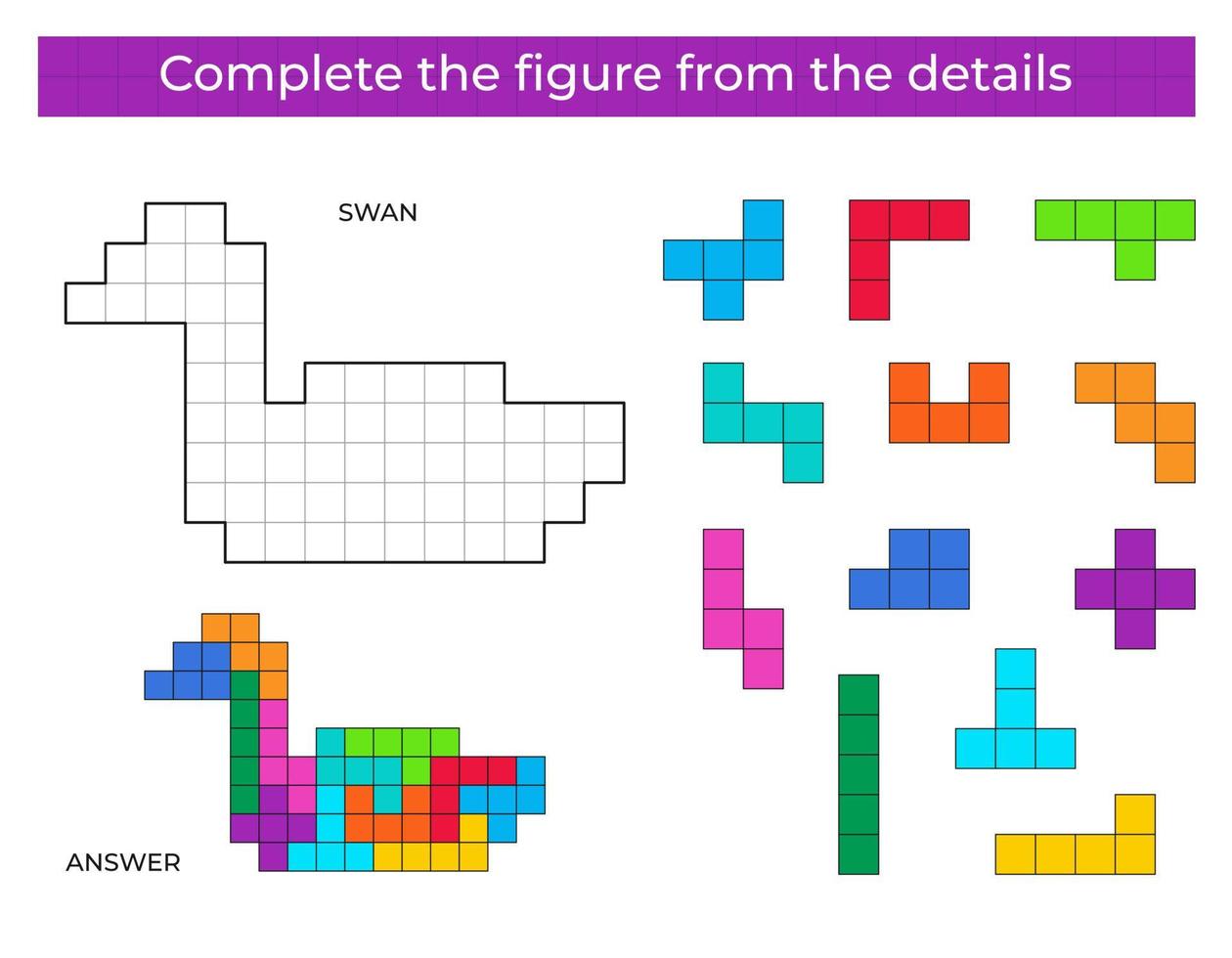 jeu de puzzle avec cygne. détails colorés pour les enfants. figure complète. jeu éducatif pour les enfants, activité de feuille de calcul préscolaire. puzzle. illustration vectorielle. vecteur