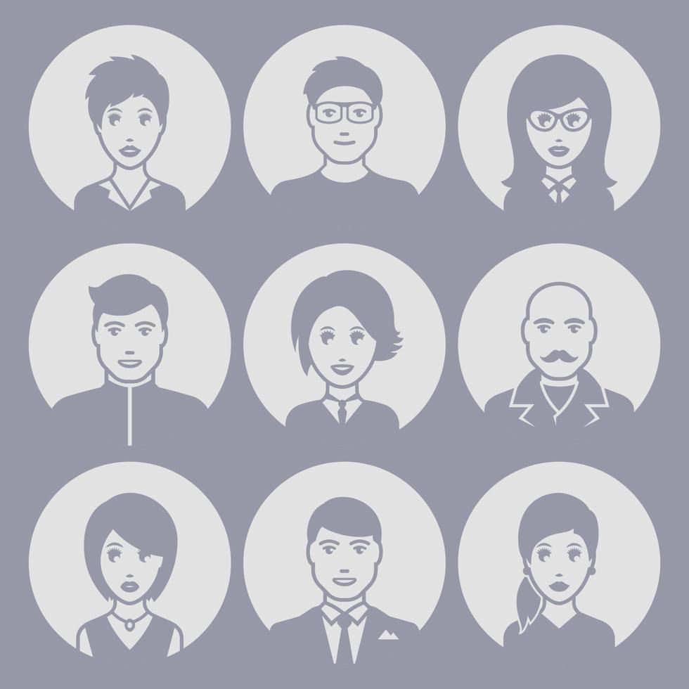 ensemble d'icônes d'avatar. bleu dans un cercle. silhouettes de profil de personnes vecteur