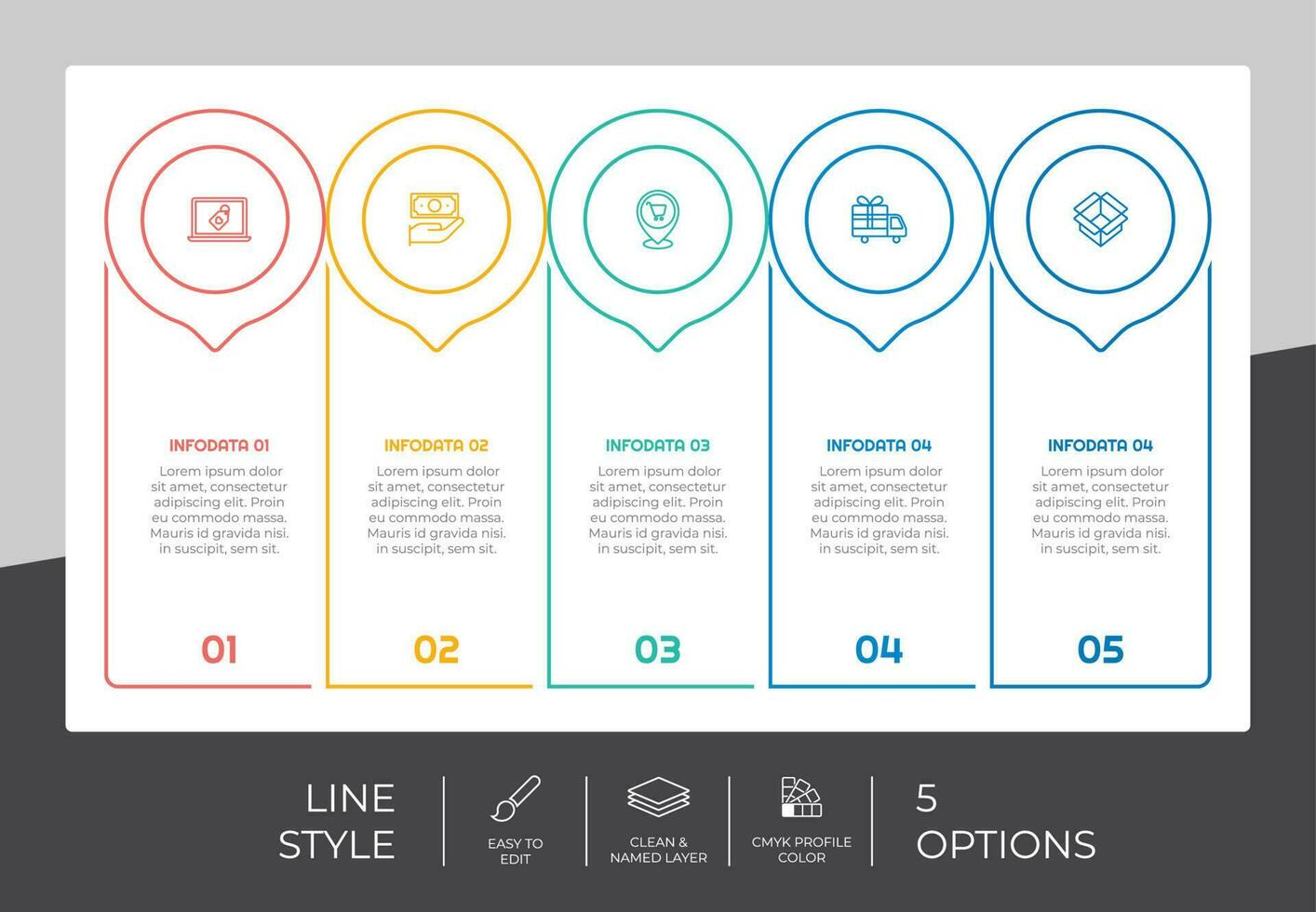 conception de vecteur d'infographie de cercle avec 5 options et style coloré à des fins de présentation. L'infographie d'option de ligne peut être utilisée pour les affaires et le marketing