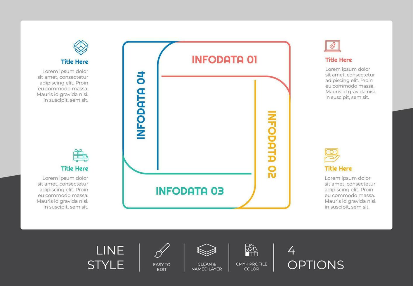 conception de vecteur infographique carré avec 4 options et style coloré à des fins de présentation. L'infographie d'option de ligne peut être utilisée pour les affaires et le marketing