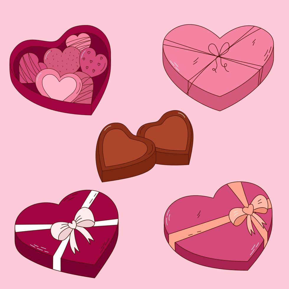 ensemble de chocolats dessinés à la main dans une boîte pour la saint valentin. éléments de conception pour affiches, cartes de voeux, bannières et invitations. vecteur