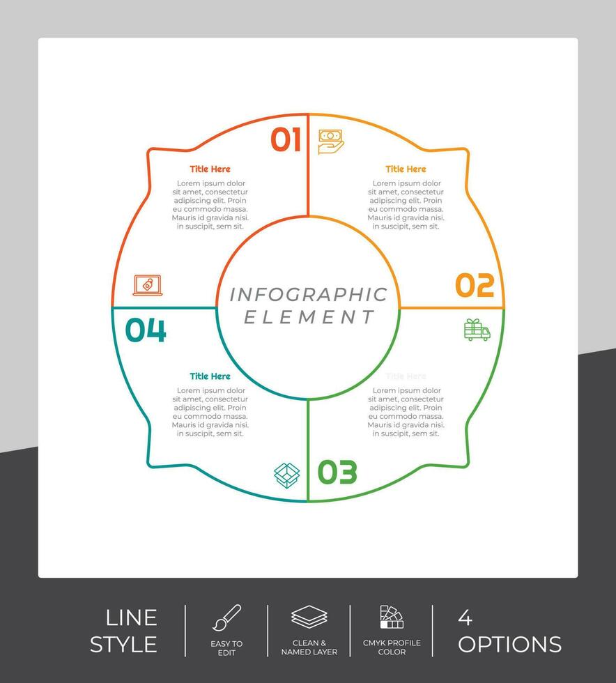 conception de vecteur infographique de flux de travail avec 4 étapes et conception de ligne. l'infographie d'étape peut être utilisée pour la présentation, le rapport annuel et les objectifs commerciaux.