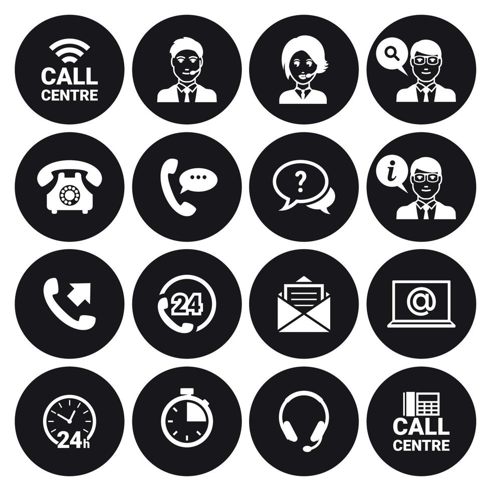 ensemble d'icônes de centre d'appels. blanc sur fond noir vecteur
