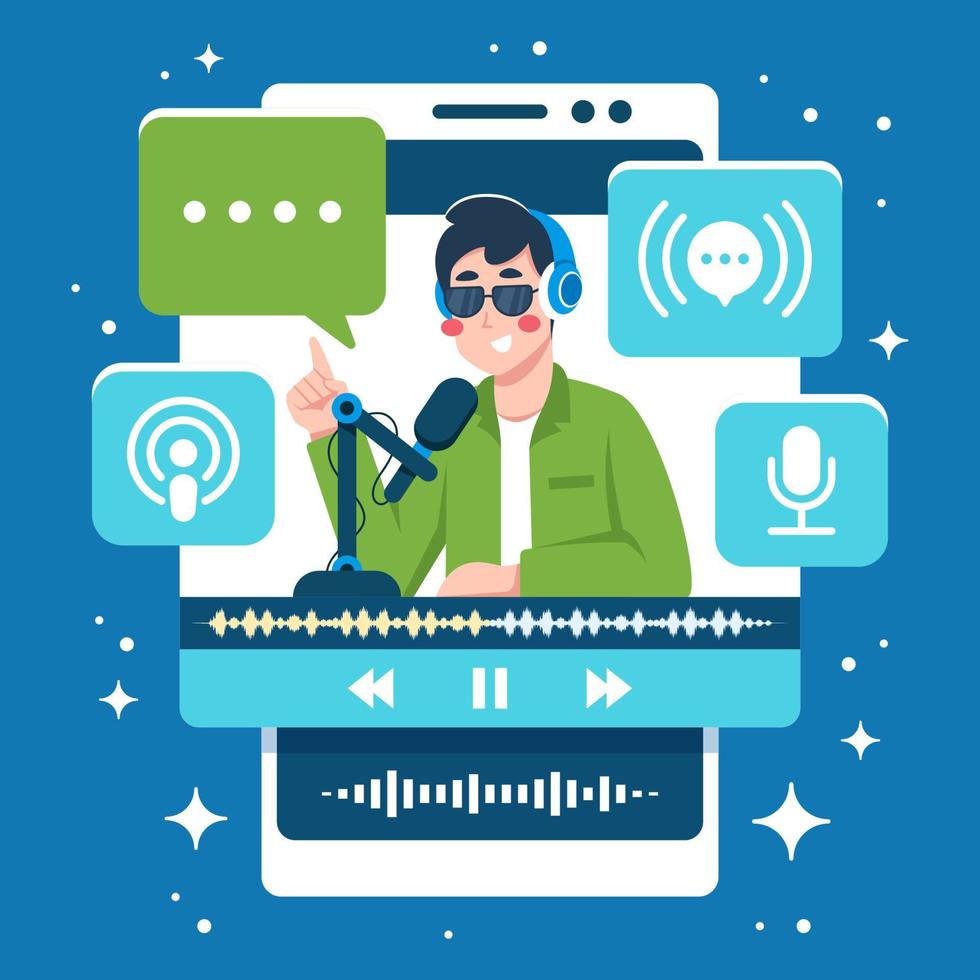 streaming de podcast mobile avec personnage vecteur