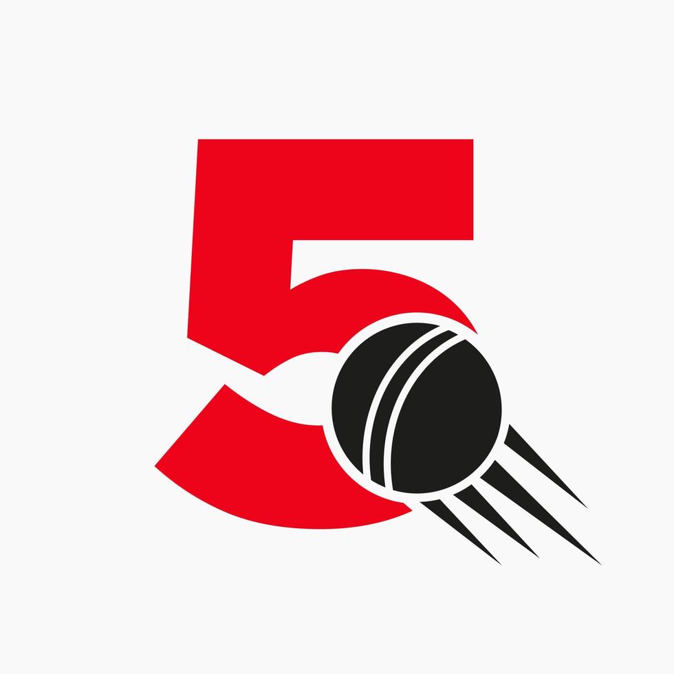 concept de logo de cricket lettre 5 avec icône de balle de cricket en mouvement. modèle vectoriel de symbole de logo de sport de cricket