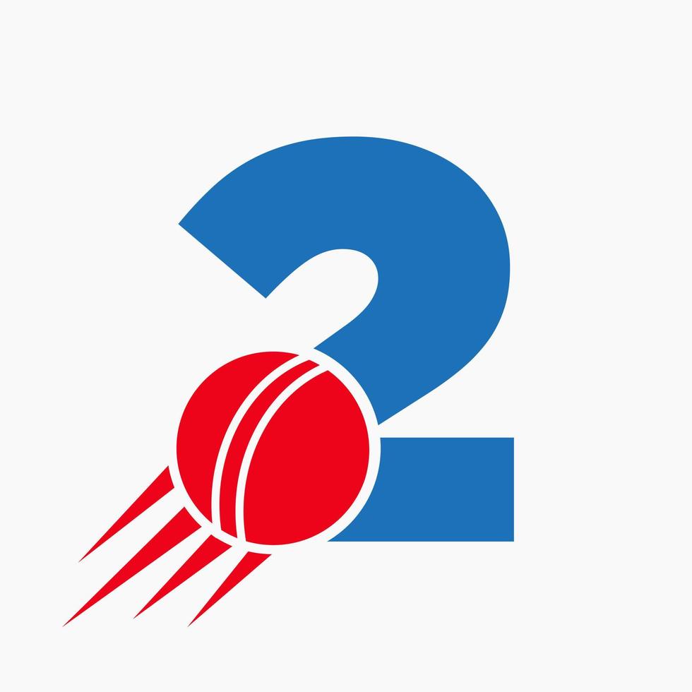 concept de logo de cricket lettre 2 avec icône de balle de cricket en mouvement. modèle vectoriel de symbole de logo de sport de cricket