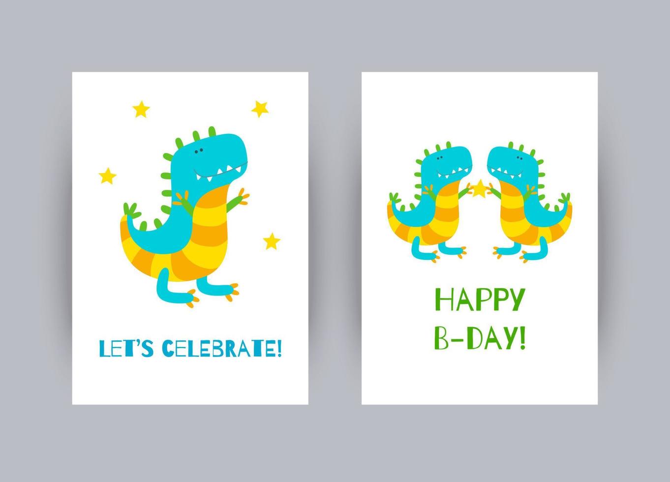 cartes de voeux avec des dinosaures joyeux. joyeux anniversaire ensemble d'illustrations vectorielles vecteur