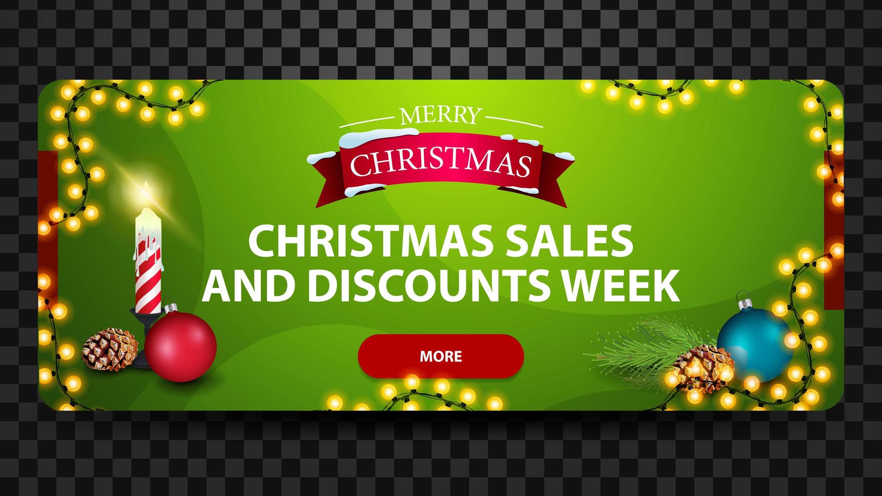 Vente de Noël et semaine de remise, bannière web moderne horizontal lumineux vert avec bouton, bougie de Noël, boule de Noël et cône vecteur