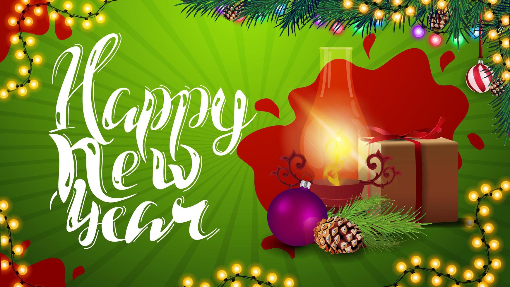 bonne année, carte postale verte avec cadeau, lanterne vintage, branche d'arbre de Noël avec un cône et une boule de Noël vecteur