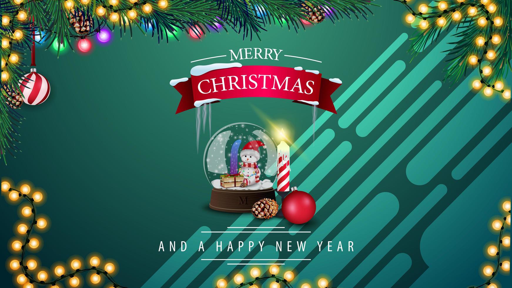Joyeux Noël et bonne année, carte postale horizontale verte avec boule à neige, guirlande et branche d'arbre de Noël vecteur