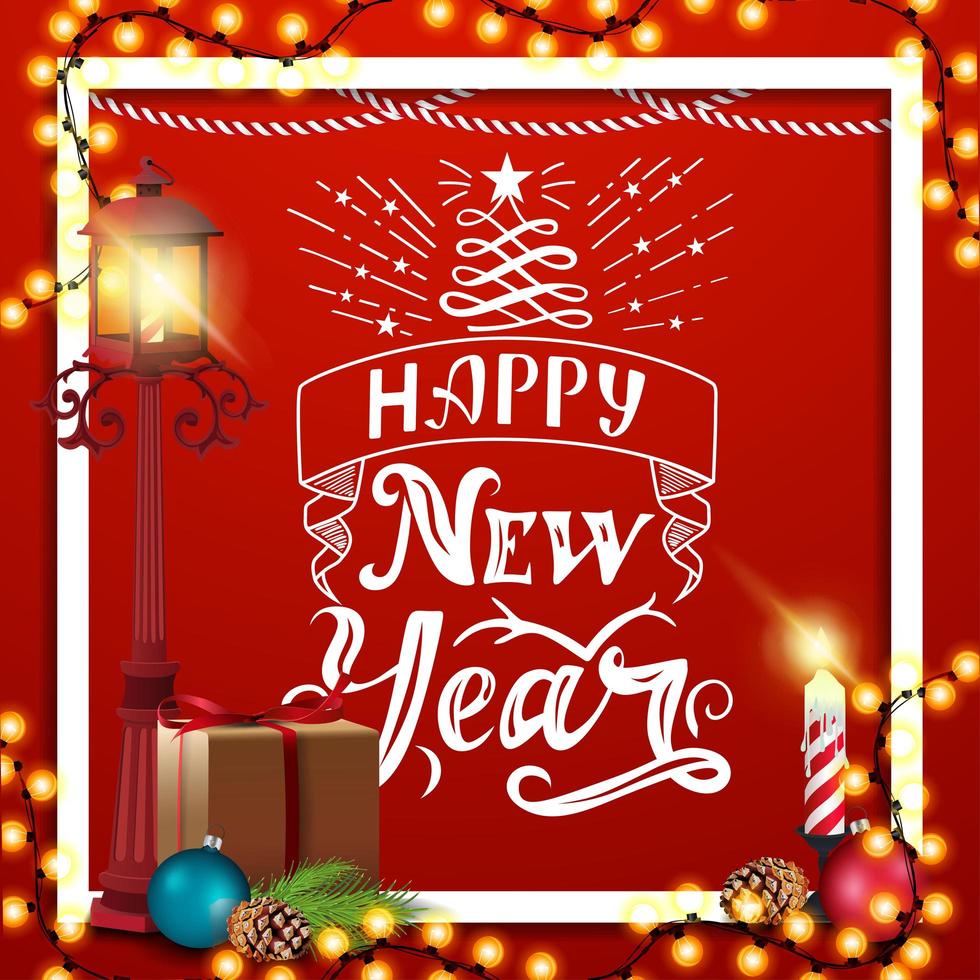 bonne année, carte de voeux rouge avec beau lettrage, lanterne de poteau, cadeau, branche d'arbre de Noël avec un cône et une boule de Noël vecteur