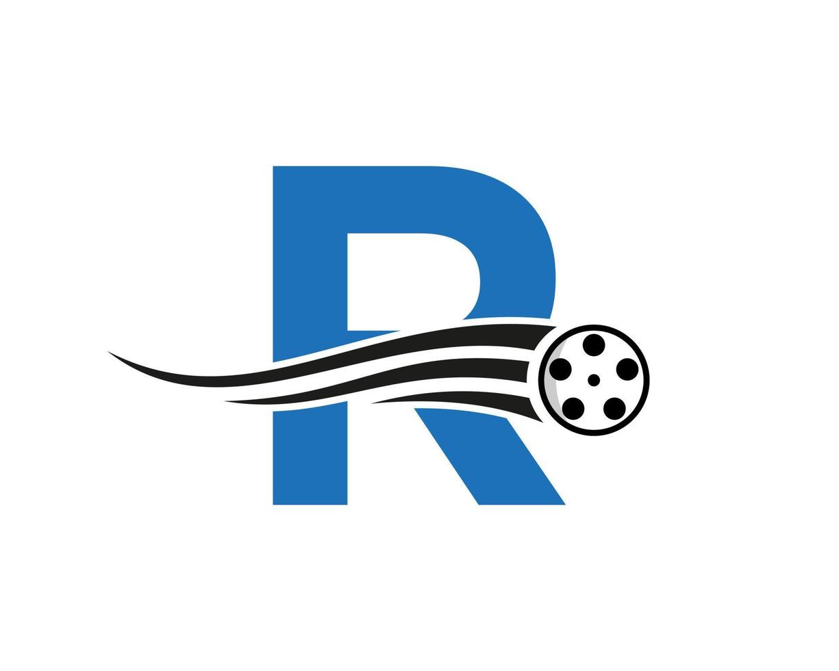 concept de logo de film de lettre initiale r avec bobine de film pour le signe des médias, modèle de vecteur de symbole de réalisateur de film