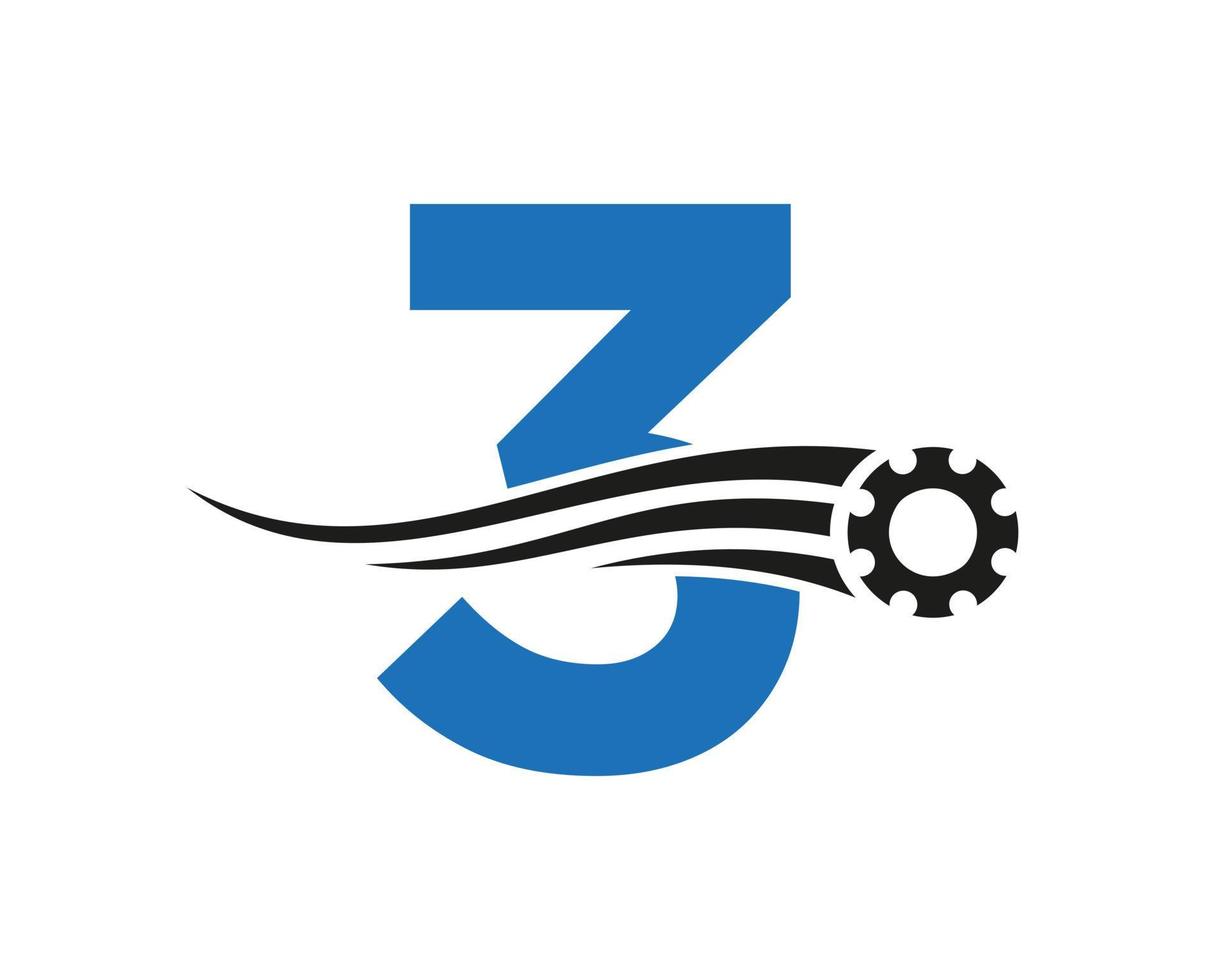 logo de la roue dentée de la lettre 3. icône industrielle automobile, logo d'engrenage, symbole de réparation de voiture vecteur