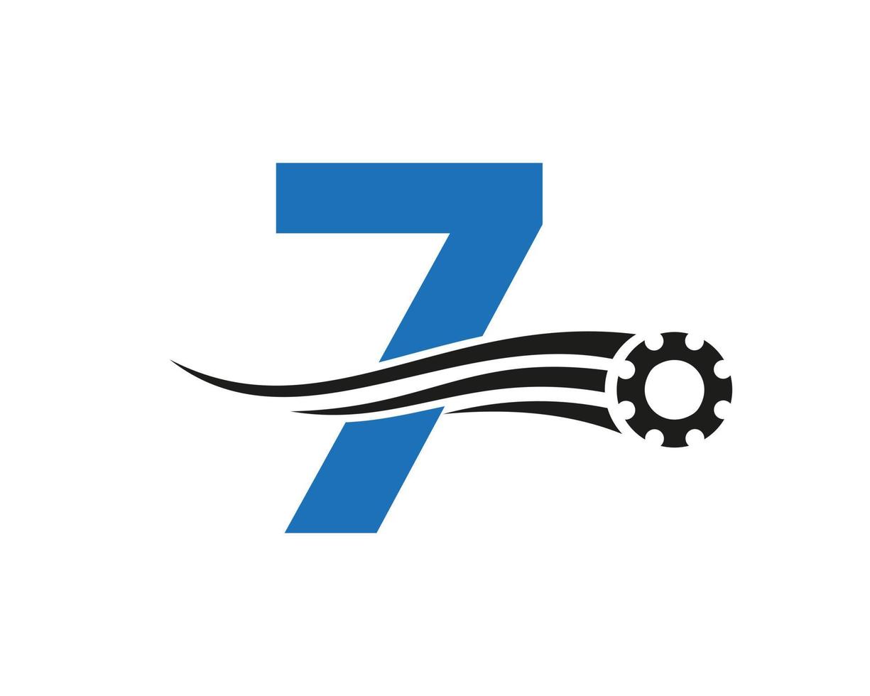 logo de la roue dentée de la lettre 7. icône industrielle automobile, logo d'engrenage, symbole de réparation de voiture vecteur
