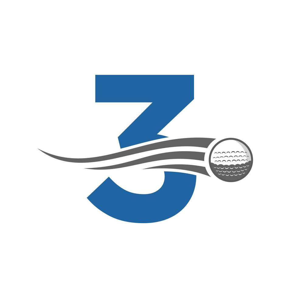 concept de logo de golf lettre 3 avec icône de balle de golf en mouvement. modèle de vecteur de symbole de logo de sport de hockey