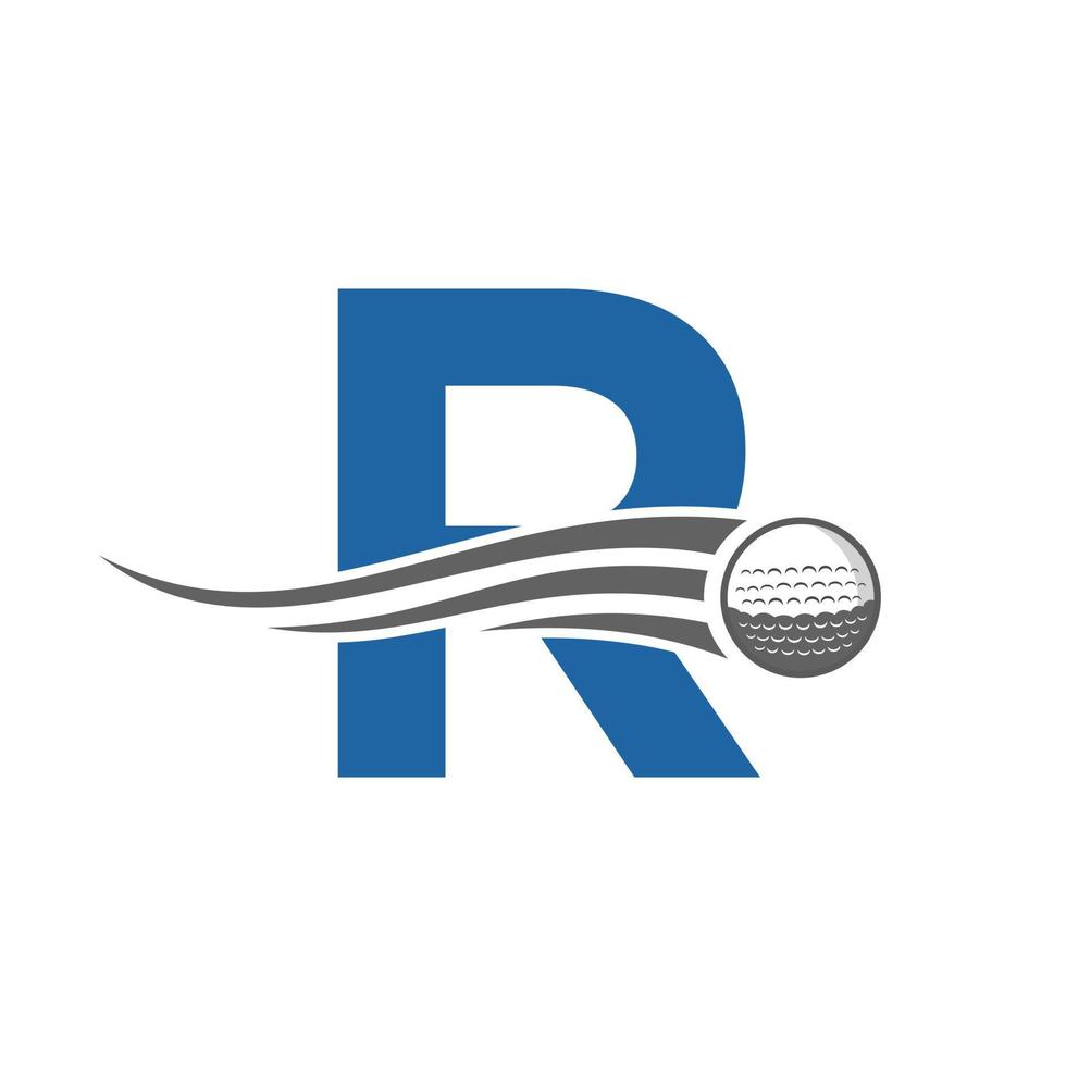 concept de logo de golf lettre r avec icône de balle de golf en mouvement. modèle de vecteur de symbole de logo de sport de hockey