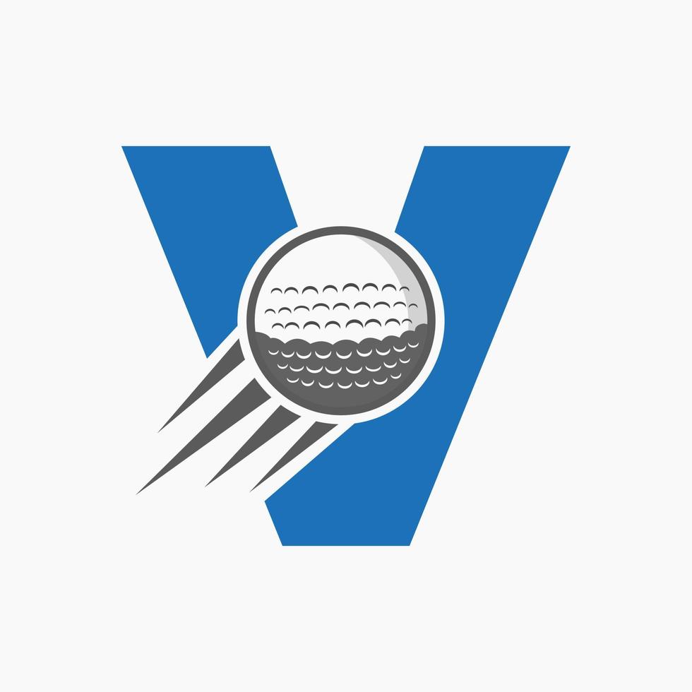 concept de logo de golf lettre v avec icône de balle de golf en mouvement. modèle vectoriel de symbole de logo de sport de hockey