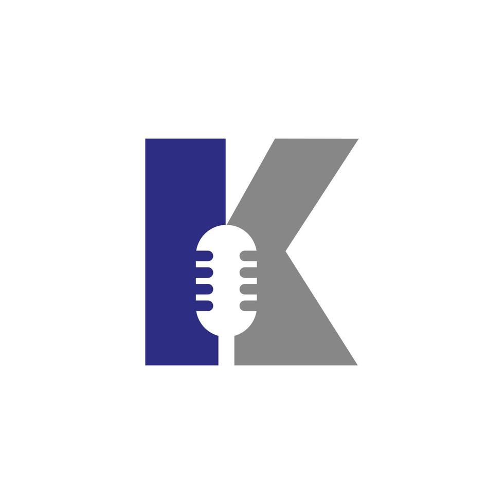 lettre initiale k musique logo. logo de podcast de symbole dj combiné avec un modèle de vecteur d'icône de microphone